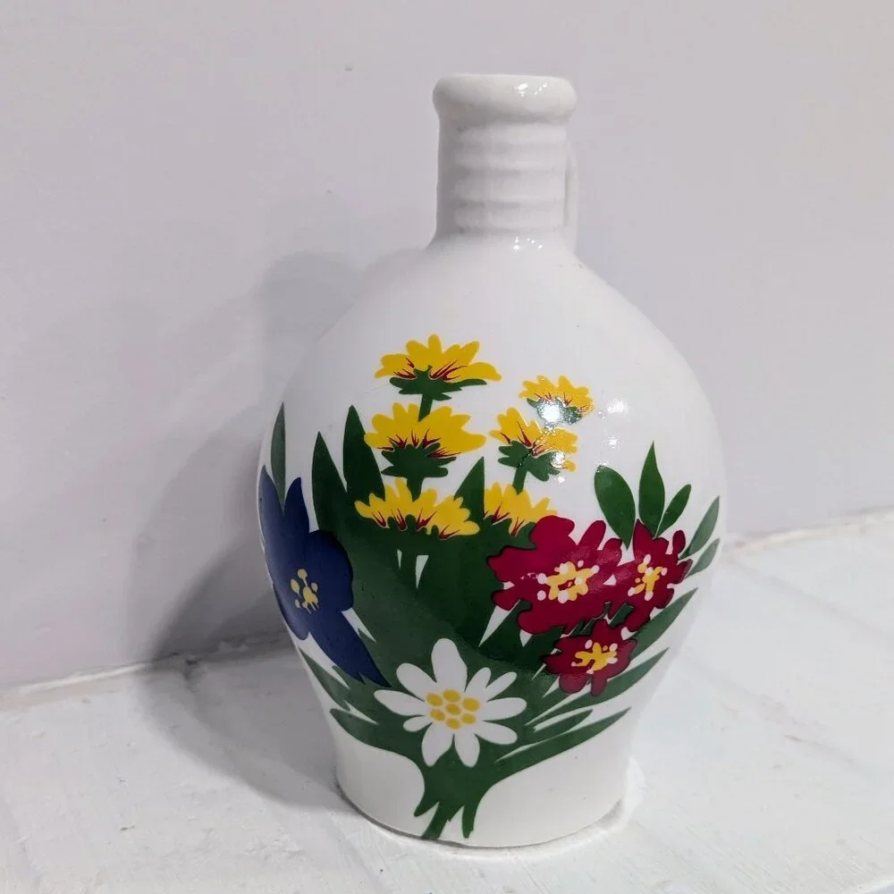 VTG Bavarian Enzian Liqueur Decanter Attached Shot Glass Floral Barware 60s